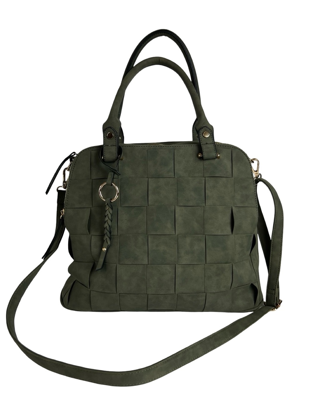 Olive + Oak Olive Green Woven Faux Leather Satchel Crossbody Tote Bag Large